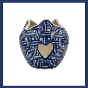 Vintage Blue White Pottery Candle Holder Studio Art Heise Germany Heart Cutout